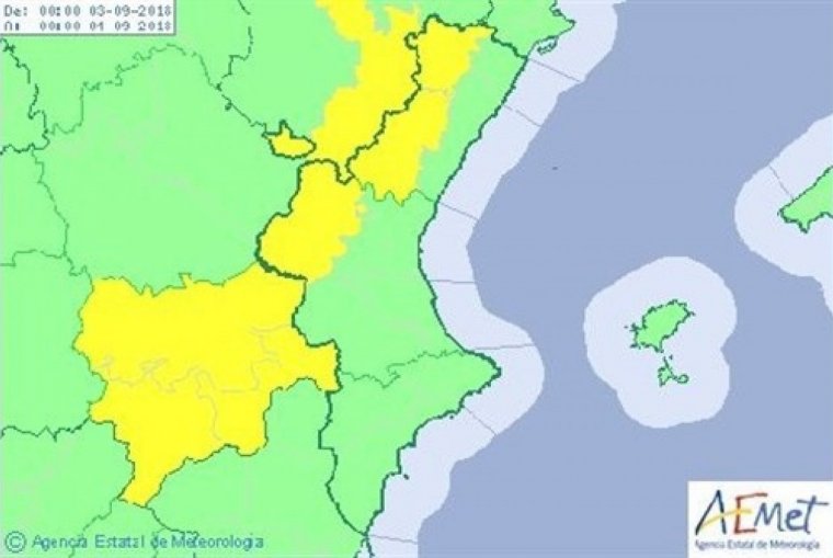 Alerta d'avÃs groc per pluges a la Comunitat per al dia de hui