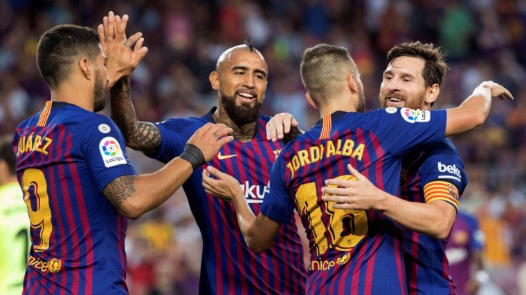 Els jugadors del Barça celebren un gol davant l'Athletic Club