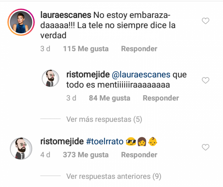 El comentario de Risto que generÃ³ los rumores, con los tres emoticonos, y las respuestas de los dos negando el embarazo