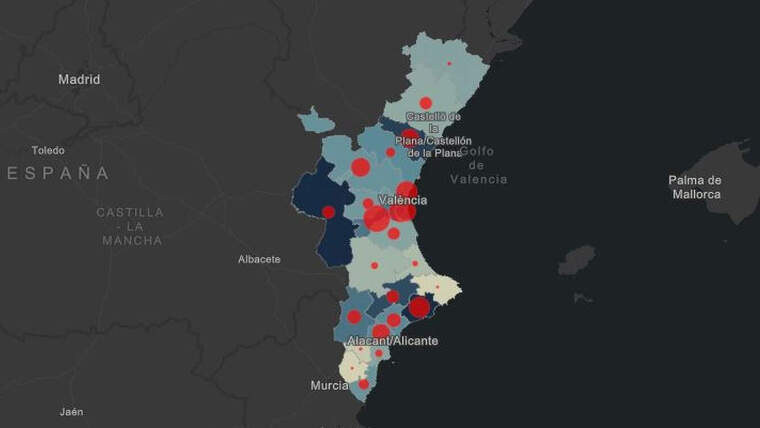 Mapa de casos de coronavirus per departaments en el territori valenciÃ  (11-04-2020)