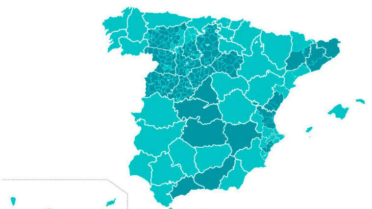 Mapa del ministerio de Sanidad con las zonas que avanzan a la fase 1 de la desescalada el 11 de mayo