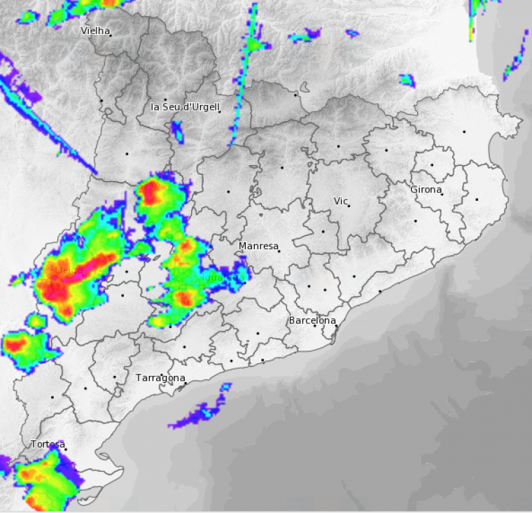 Radar en el moment de la intensa tempesta a Lleida