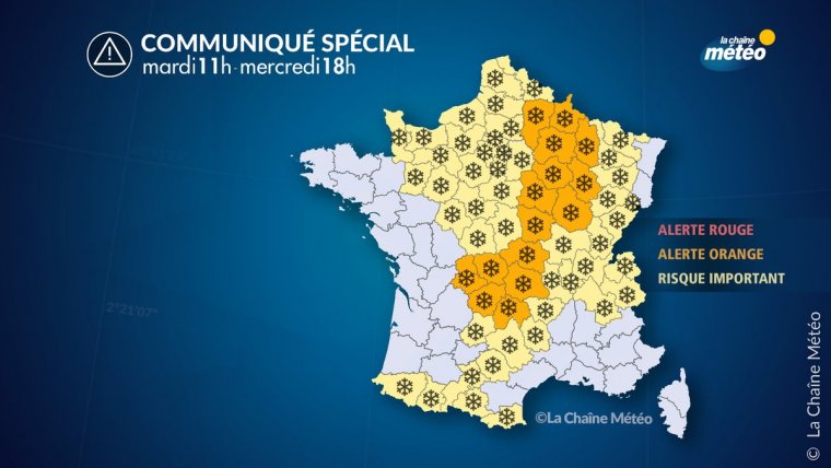 Mapa d'alertes per neu a França dimarts i dimecres