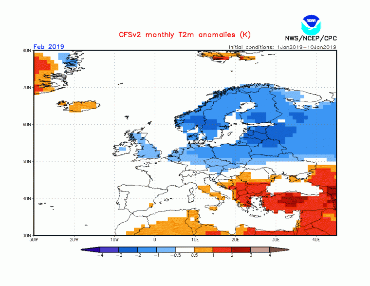 Mapa d'anomalies en les temperatures previstes per aquest  febrer