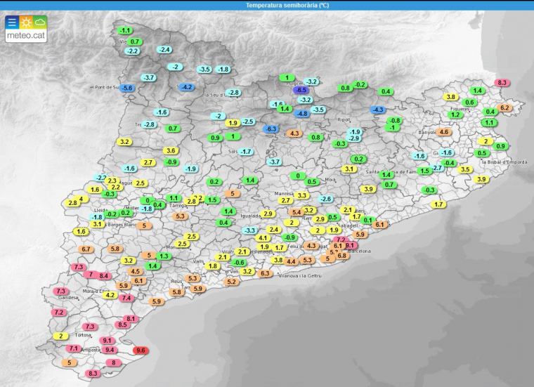 Mapa de temperatures molt contrastades a primera hora del matí aquest dilluns