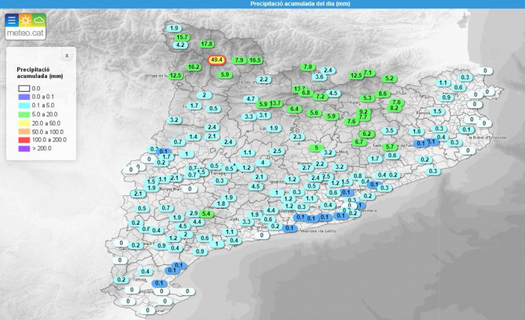 Mapa de les quantitats de pluja caiguda dimecres a Catalunya