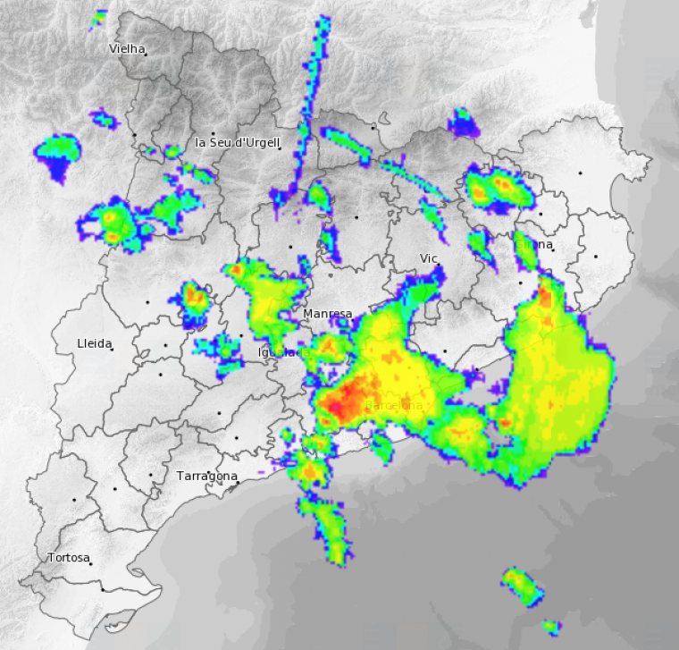Imatge del radar a mitja tarda d'aquest diumenge