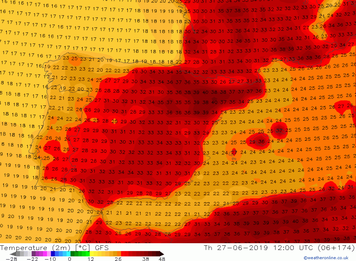 Mapa de les temperatures tòrrides previstes dijous vinent al migdia a Catalunya