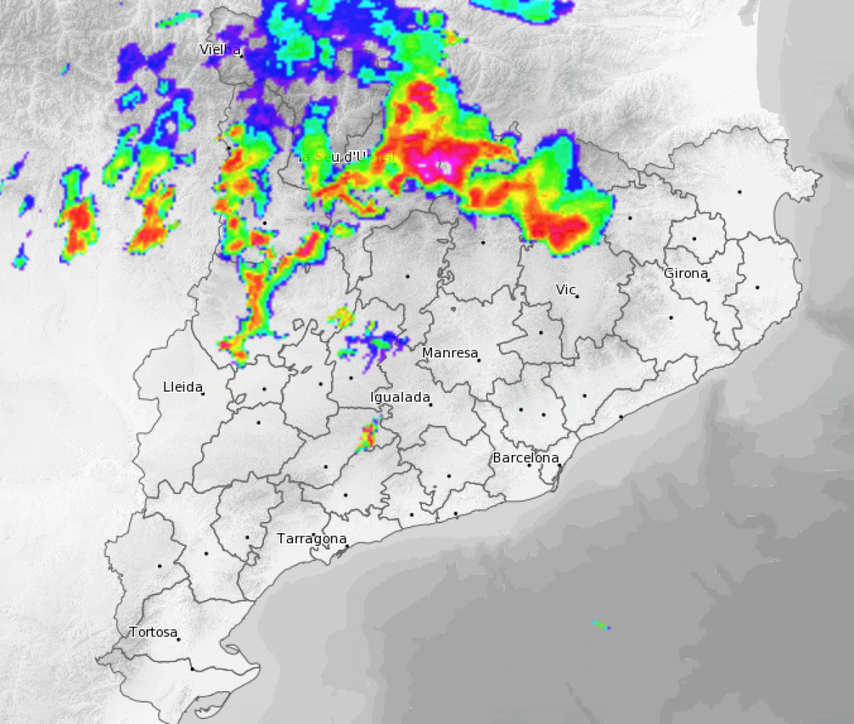 Imatge del radar meteorològic aquesta tarda amb les fortes tempestes