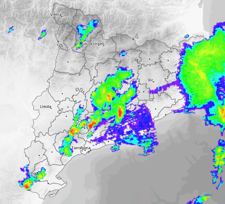 Imatge del radar meteorològic a les 17:00h de la tarda d'aquest dissabte