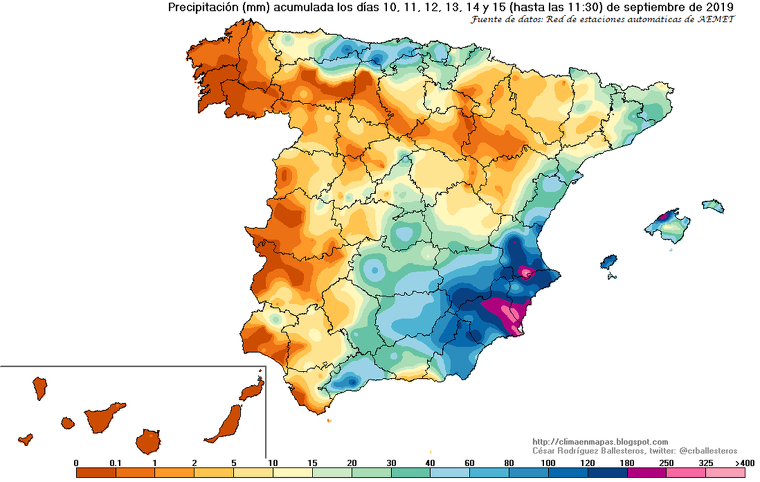 Mapa de registres de pluja durant el temporal de la setmana passada: més de 400 litres a Alacant