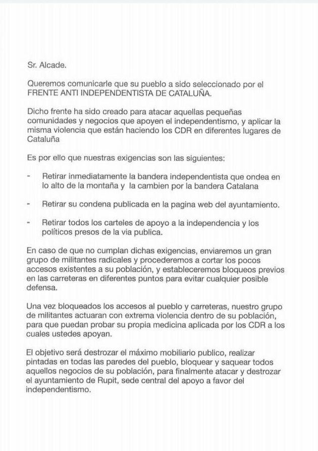 Document de 'El Frente Independentista de Catalunya' enviat a un Ajuntament d'Osona