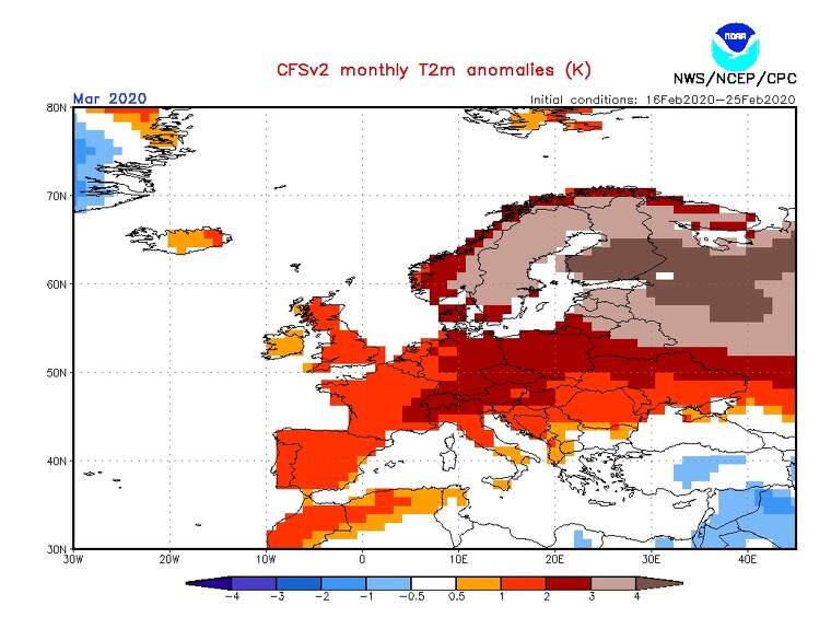 Mapa d'anomalia de les temperatures prevista a Europa el març de 2020