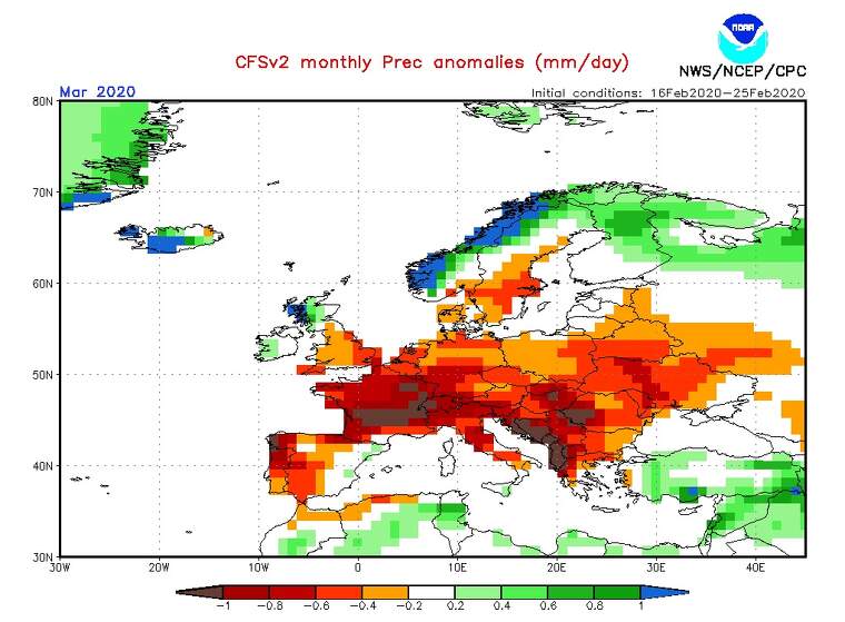 Mapa de l'anomalia de pluges prevista a Europa el març de 2020