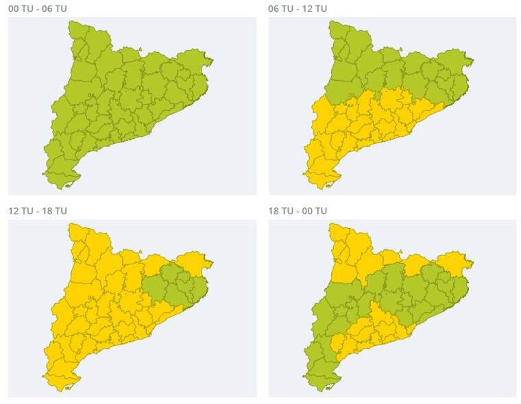 Mapa d'alertes per fort vent a Catalunya el 2 de març del 2020
