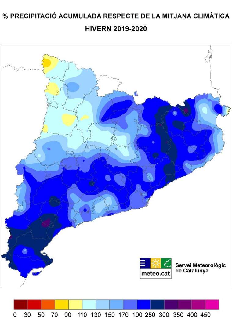 Mapa d'anomalia de pluges a Catalunya l'hivern del 2020
