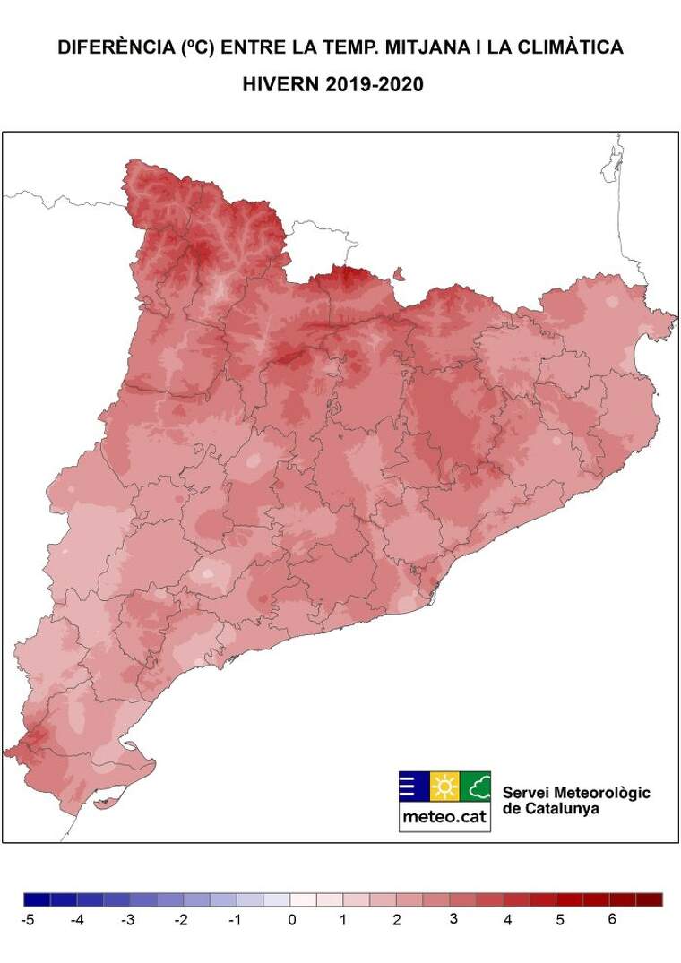 Mapa d'anomalia de pluges a Catalunya l'hivern del 2020