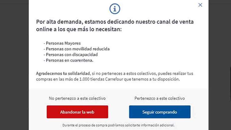 Imatge del missatge de Carrefour en intentar comprar en línia durant la crisi pel coronavirus, 13 de març del 2020