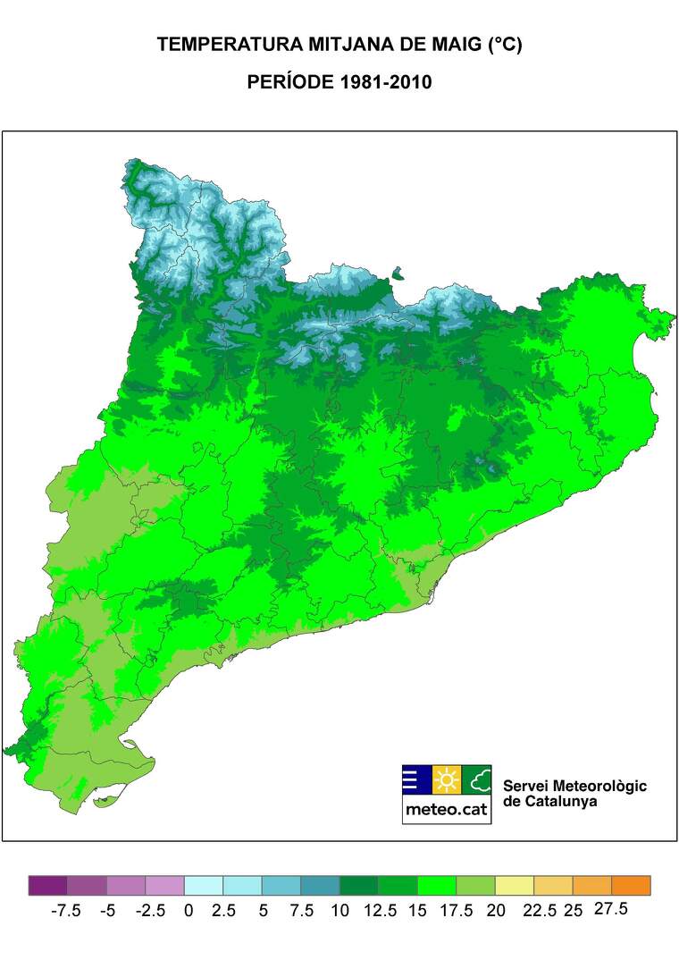 Mapa de la TºC mitjana a Catalunya el mes de maig