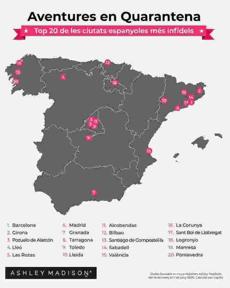 Mapa de ciutats espanyoles més infidels durant la quarantena