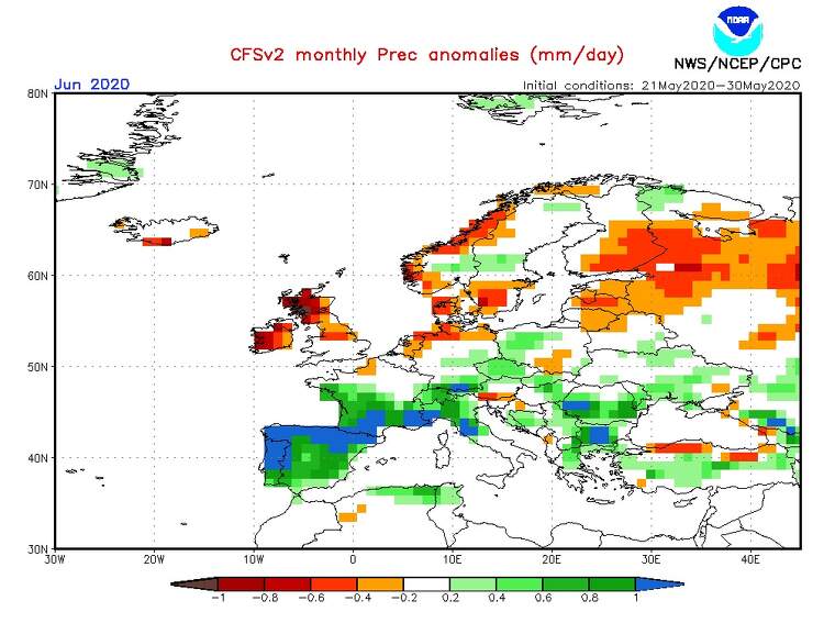 Mapa de l'anomalia de pluges prevista a Europa el juny del 2020