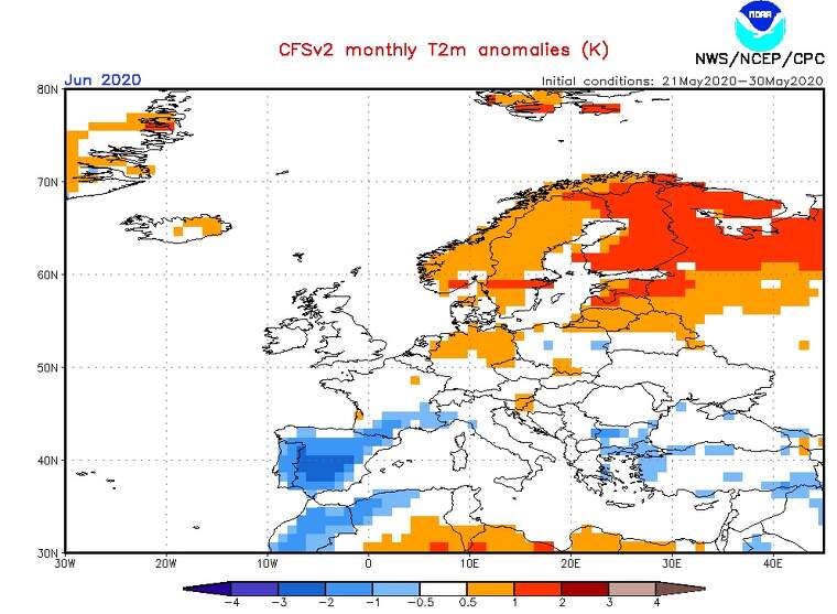 Mapa de l'anomalia de TºC prevista el juny del 2020 a Europa