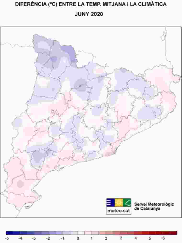 Mapa d'anomalies de temperatura mitjana del juny 2020 a Catalunya