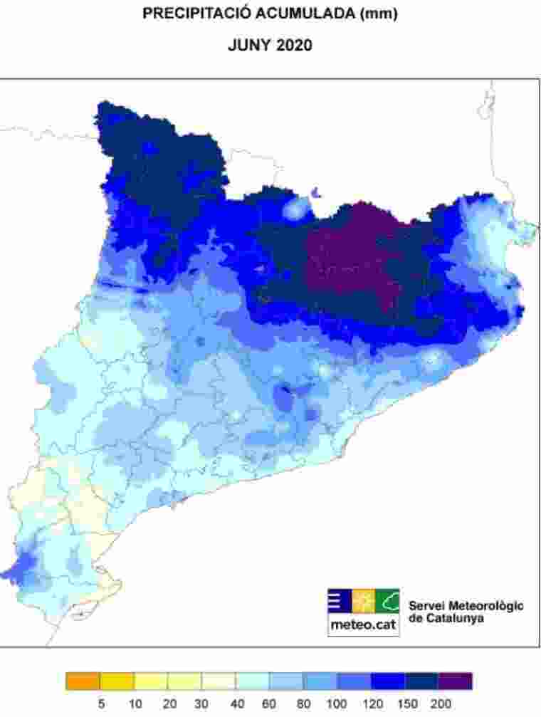 Mapa de pluja acumulada el juny del 2020 a Catalunya