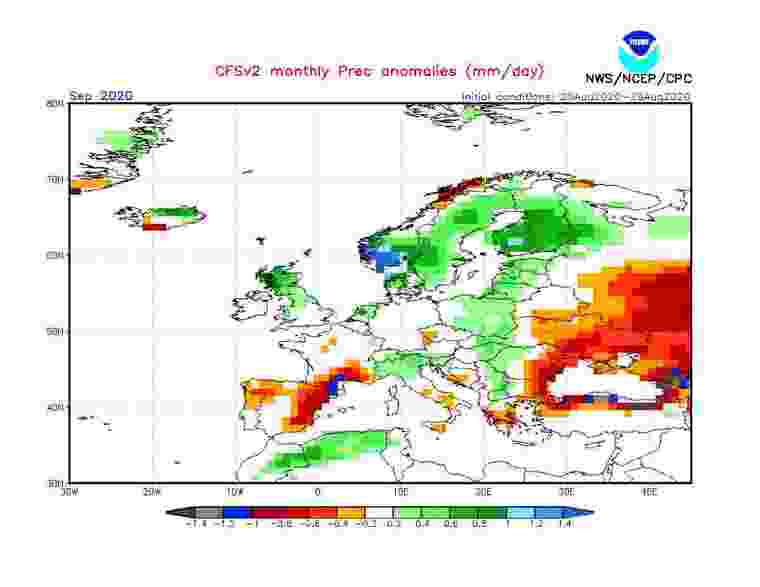 Mapa d'anomalies de precipitació del mes de setembre a Europa