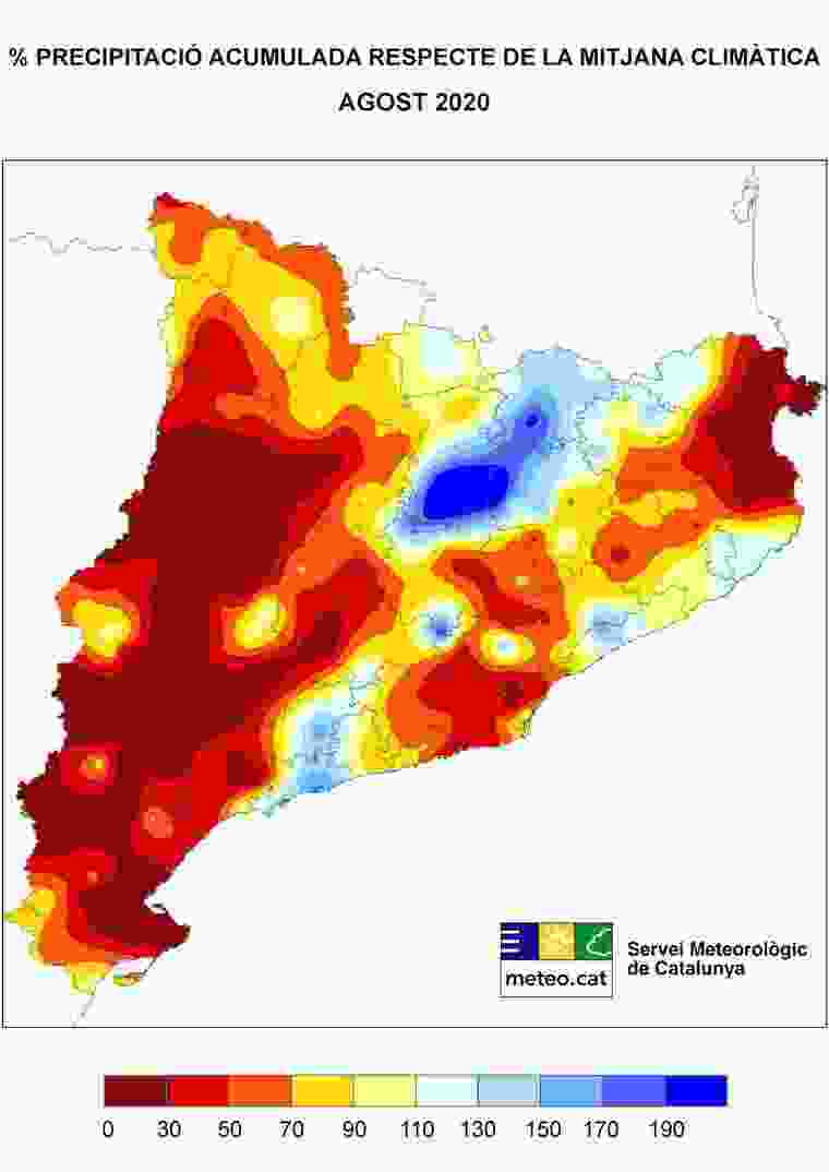 Mapa d'anomalies de pluja a Catalunya aquest agost del 2020