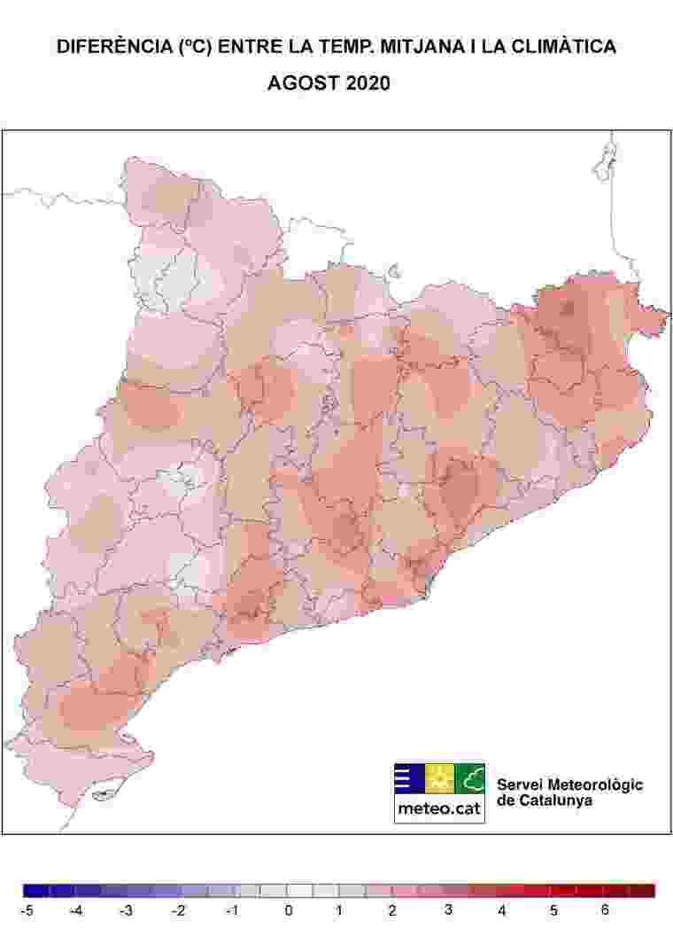 Mapa d'anomalies de temperatura d'aquest mes d'agost del 2020 a Catalunya