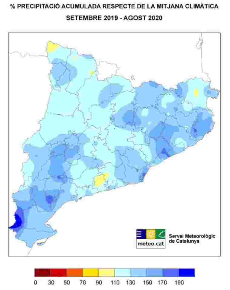Mapa de l'anomalia de precipitació d'aquest any pluviomètric a Catalunya