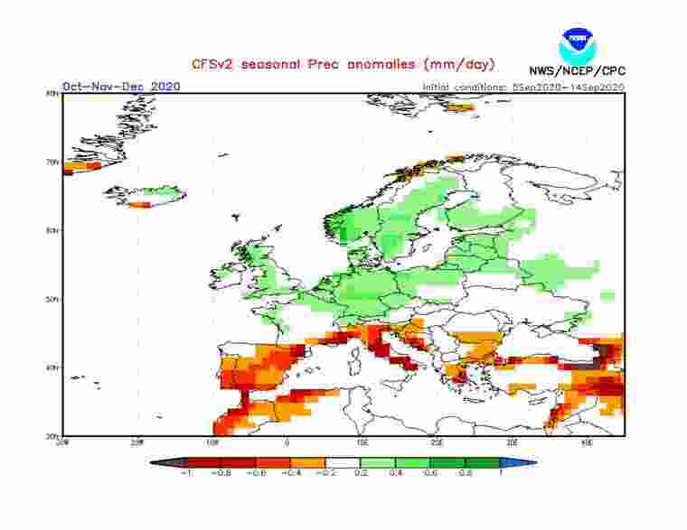 Mapa de l'anomalia de previsió de precipitacions d'aquests 3 pròxims mesos a Europa