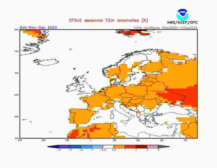 Mapa de l'anomalia de temperatures previstes per aquests 3 pròxims mesos a Europa