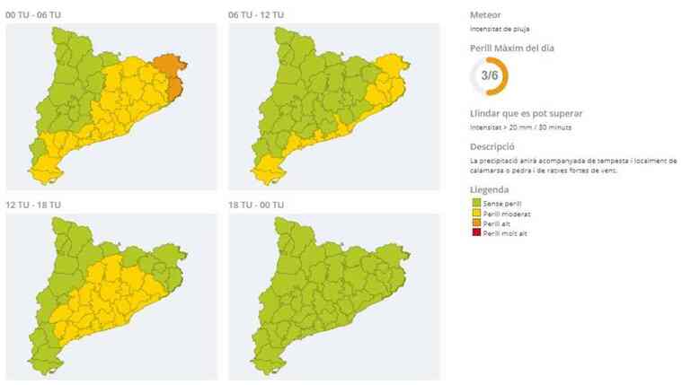 Mapes d'avisos a Catalunya pels possibles aiguats d'aquesta matinada