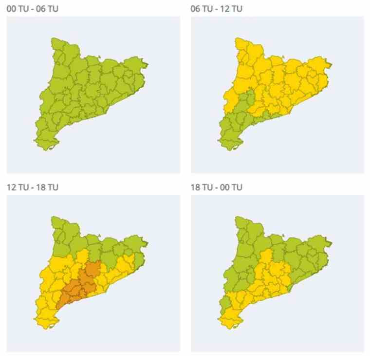 Mapa d'alertes per fort vent a Catalunya el 2 d'octubre del 2020