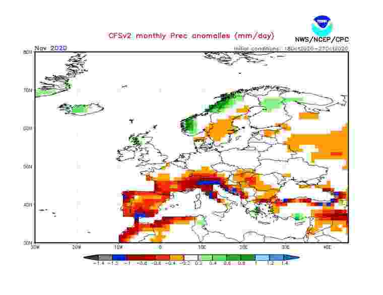 Mapa de previsió d'anomalies de pluja a Europa el mes de novembre del 2020