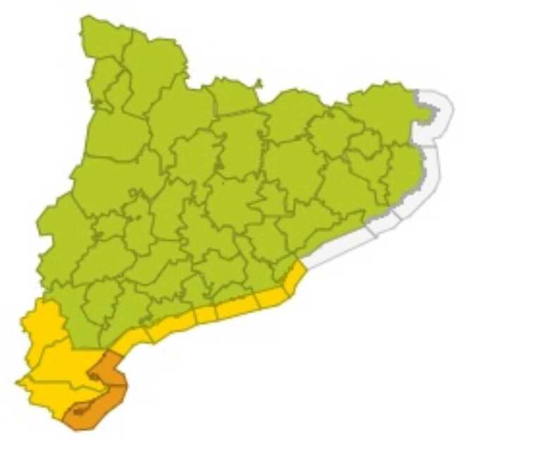 Mapa d'alertes a Catalunya per fortes i abundants pluges i mala mar el 5 de novembre del 2020