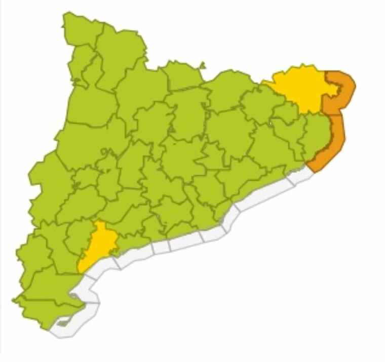 Mapa d'alertes per fort vent i mala mar a Catalunya el 19 de novembre del 2020