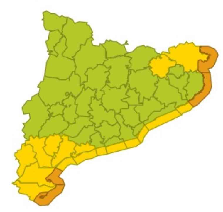 Mapa d'alertes per fortes i abundants pluges i mala mar a Catalunya el 27 de novembre del 2020