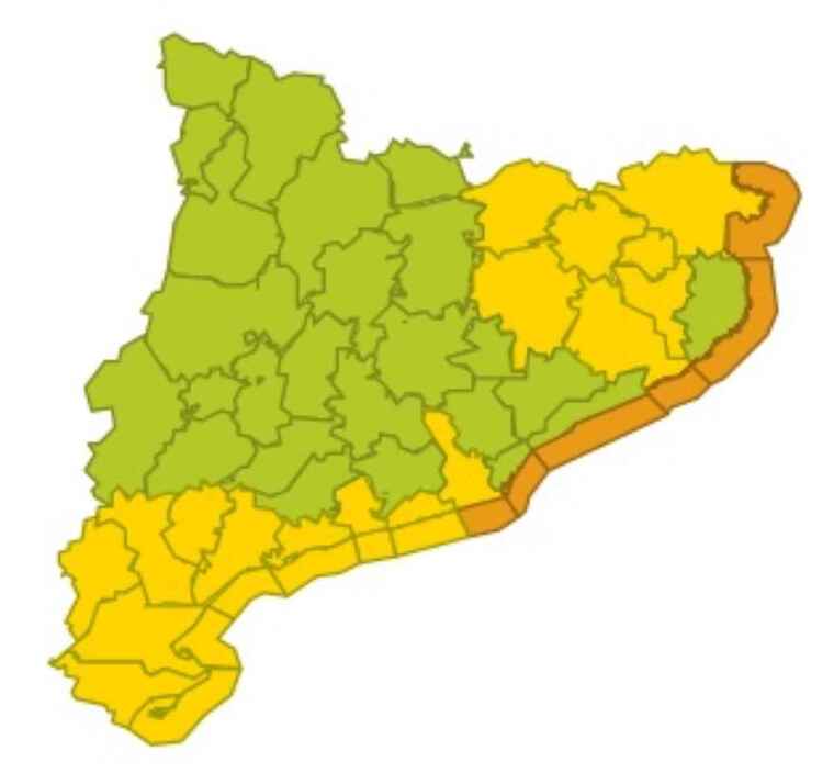 Mapa d'alertes per fortes i abundants pluges i mala mar a Catalunya el 28 de novembre del 2020