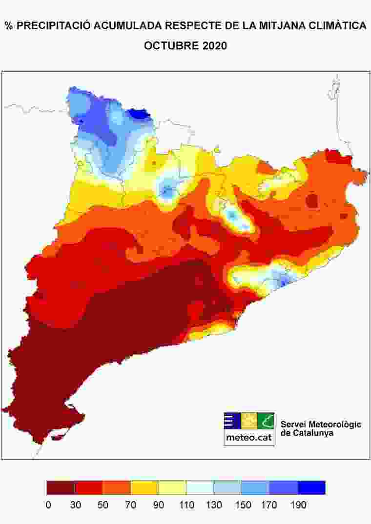 Mapa d'anomalies de pluja a Catalunya l'octubre del 2020