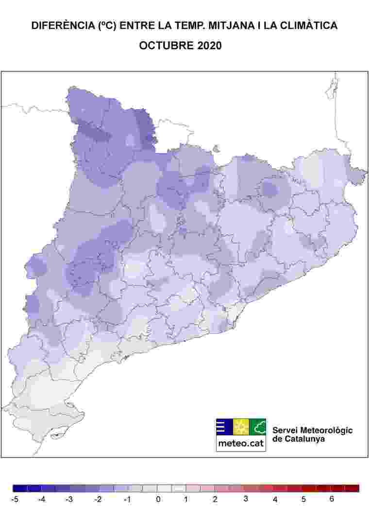 Mapa d'anomalies de temperatura de l'octubre 2020 a Catalunya