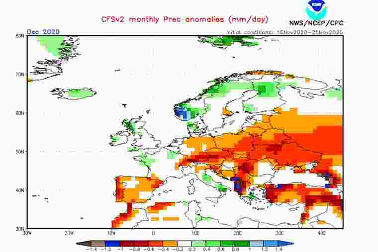 Mapa previst d'anomalies de pluja a Europa per aquest mes de desembre del 2020