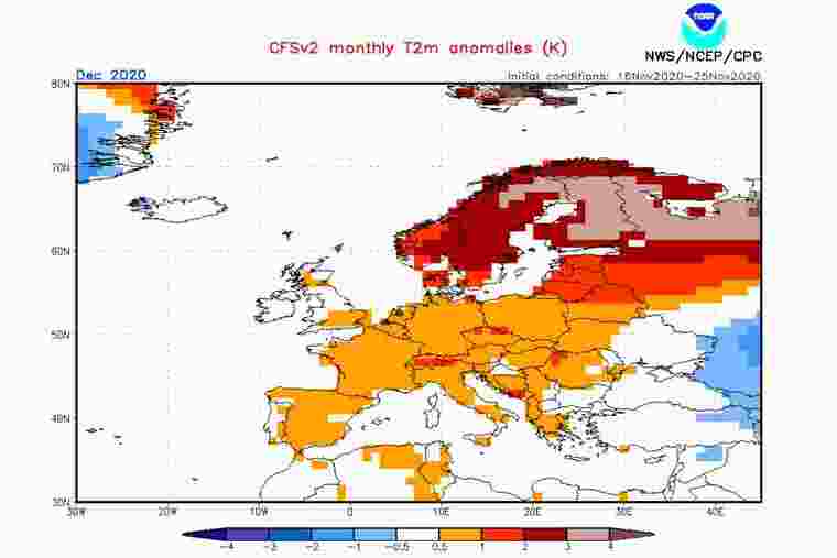 Mapa previst d'anomalies de temperatura a Europa per aquest mes de desembre del 2020