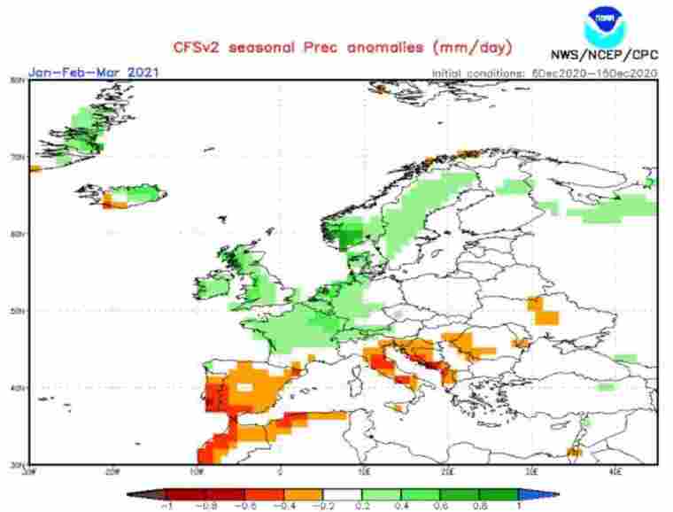 Imatge de la previsió estacional de pluges a Europa per l'hivern 2020-2021