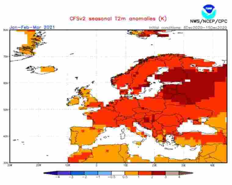 Imatge de la previsió estacional de temperatures a Europa per l'hivern 2020-2021