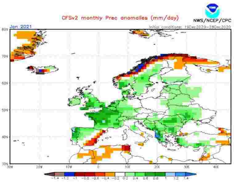 Mapa estacional de previsió de precipitacions pel gener del 2021 a Europa