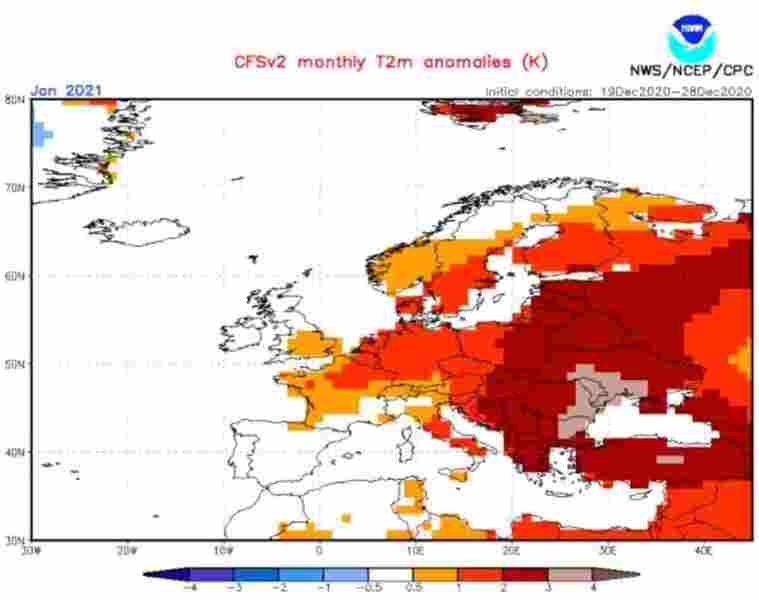 Mapa estacional de previsió de temperatures pel gener del 2021 a Europa