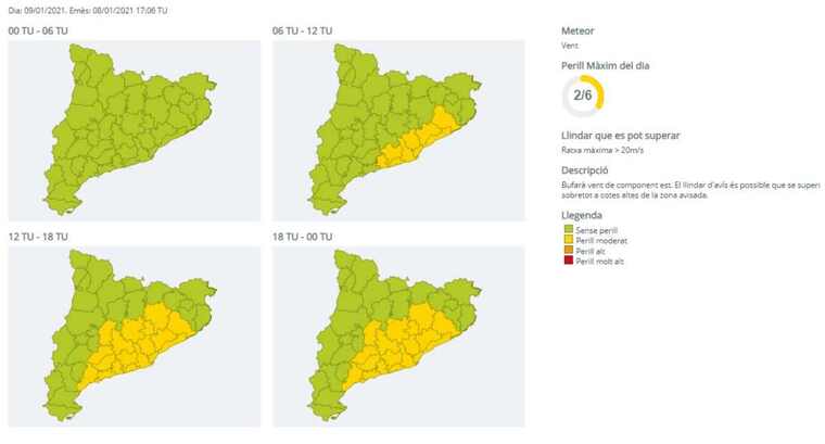 Mapa d'alertes per fort vent a Catalunya el 9 de gener del 2021